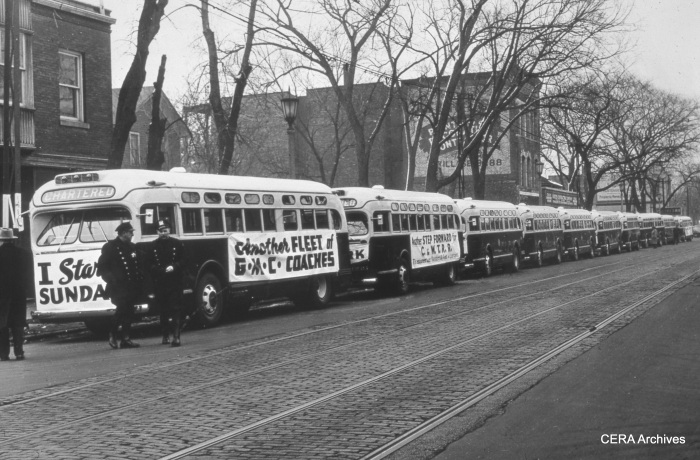 On February 14, 1947, West Towns posed some of their new buses on lake Street. Two days later, buses replaced streetcars on the Madison St. line. (Photographer Unknown)
