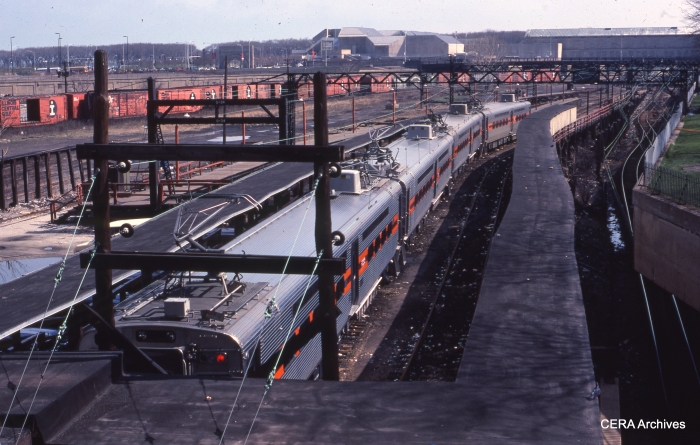 The then-new Nippon Sharyo cars at Randolph Street station in May 1983. This is now the site of Millennium Park, built over the tracks. (Photo by David Sadowski)