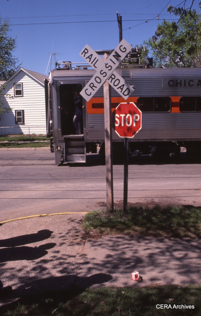 Michigan City street running, CERA fantrip, April 28, 1985. (Photo by David Sadowski)