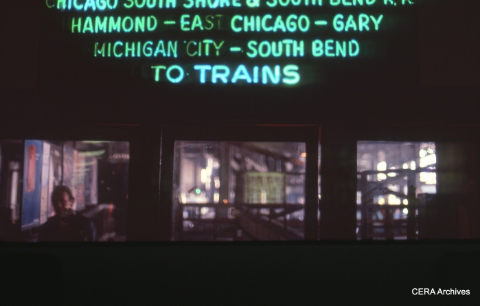 Randolph Street station in March 1985. That neon sign is now out at the Illinois Railway Museum. (Photo by David Sadowski)
