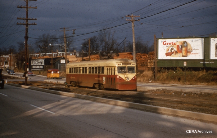 Brilliner 3 along West Chester Pike, near Llanerch Depot, on November 26, 1954. (Photo by Raymond DeGroote)