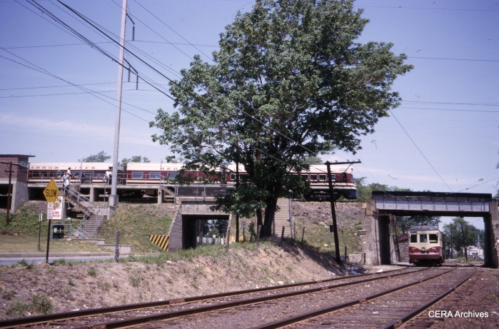 One of the Red Arrow Liberty Liners meets car 63 at Ardmore Junction on May 30, 1964. (Photographer unknown)