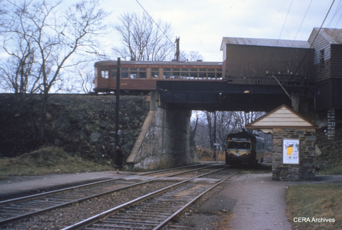 That's P&W 'Strafford" car 168 above, and I think that's Red Arrow car 18 below at Ardmore Junction on November 26, 1954. (Photo by Raymond DeGroote)