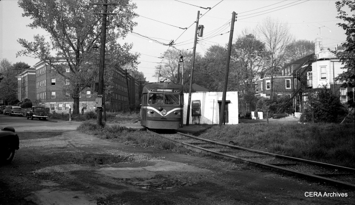 Brilliner 4 at speed on single-track private right-of-way leaving Ardmore in the 1950s. (Photo by Richard H. Young)
