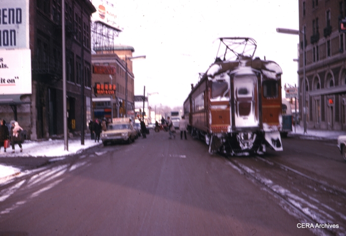 A two-car train at South Bend station in February 1969. In September 1970, the line was cut back to Bendix at the outskirts of town, but it has since been extended to the South Bend airport. (Photographer Unknown)