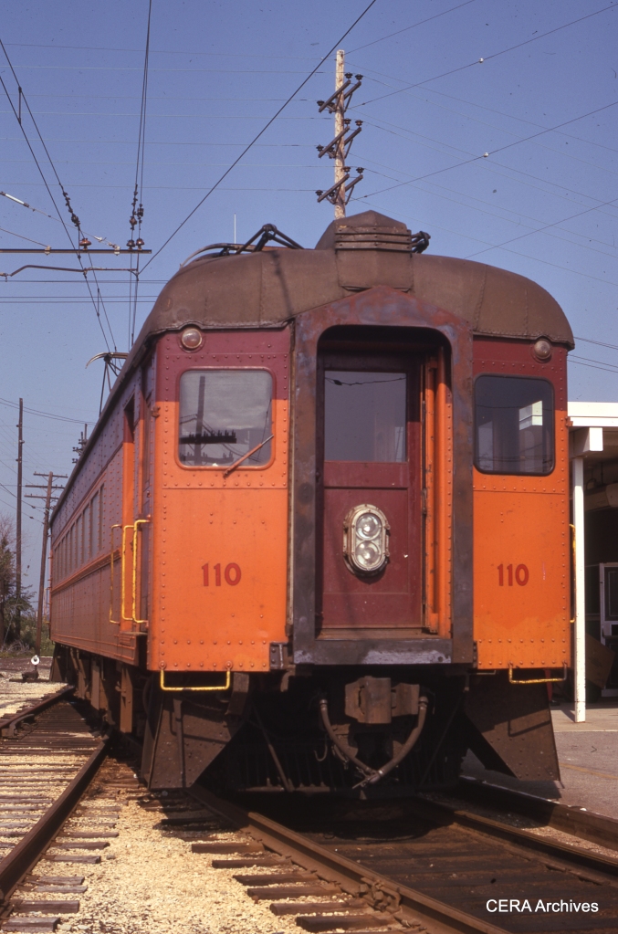 Don's Rail Photos says, "110 was built by Standard in 1929 as coach 10. It was rebuilt into 110 in 1951." Here we see it on September 1, 1973. (Photographer Unknown)