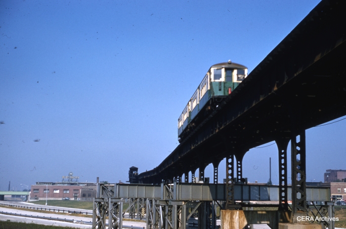A two-car train of 4000s crosses the Congress (now Eisenhower) expressway at Kostner in August 1956. (Photographer unknown)