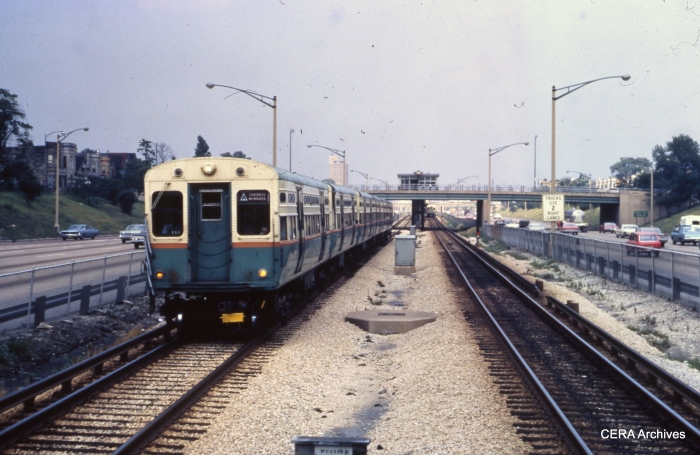 CTA 6566 heads up a train westbound at Kostner on the Congress line on August 7, 1967. (Photographer unknown)