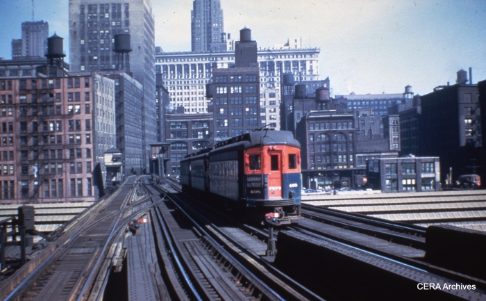 CA&E car 408 is at the rear of an eastbound Chicago Limited, approaching the Loop, sometime before the end of service in September 1953. (Photographer unknown)