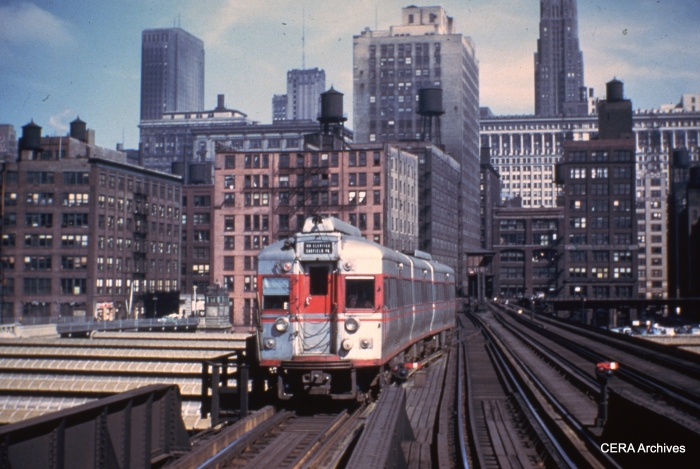 A CTA articulated "doodlebug" from the original 5000-series crosses the Union Station trainshed, probably in the late 1940s. (Photographer unknown)