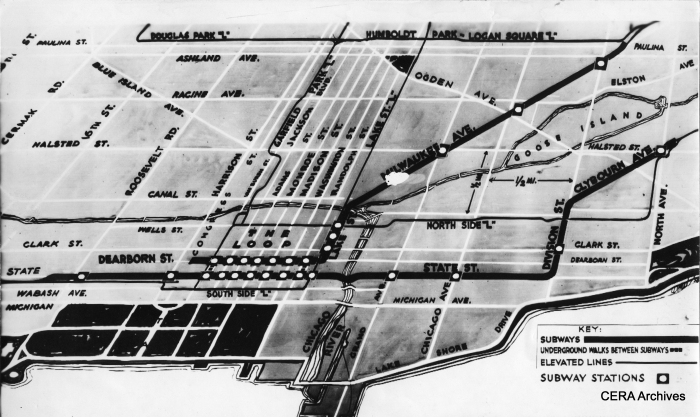 The public was somewhat baffled when Phase 1 of the City's subway plan was approved by the PWA in 1938. The Dearborn-Milwaukee subway simply ended at Dearborn and Congress, with no explanation of where it should continue. However, it was always intended to connect to a west side median line in the middle of the Congress Expressway. Work on the Dearborn-Milwaukee tube was 80% completed when work halted in 1942 due to the war. But construction work west on Congress did not begin until after the war. Plans originally called for an underground turning loop at LaSalle, but CTA decided a stub-end terminal was sufficient in 1947. This is where service ended from 1951-58. (Photographer unknown)