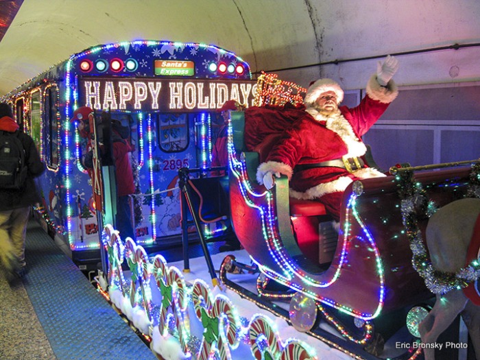 The CTA Holiday Train southbound at Chicago Avenue on December 17, 2013. (Photo by Eric Bronsky)