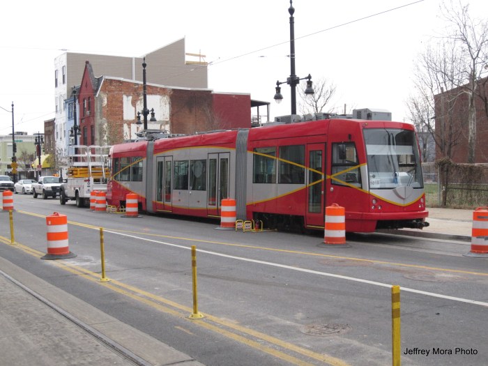 The first streetcar to roll on tracks in Washington in over 50 years on H Street between 3rd & 4th Streets, NE, near the western terminal of H Street line (December 14, 2013). (Photo by Jeffrey Mora)