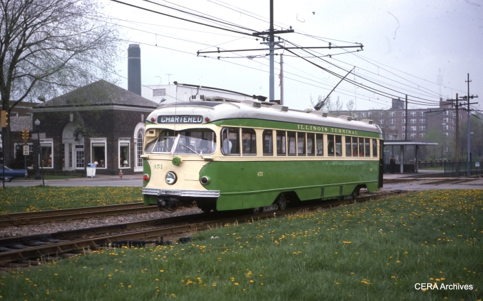 Illinois Terminal car 451 is shown in service in Cleveland in the late 1970s. It was pressed into service due to a car shortage. (Photographer unknown, CERA Archives)