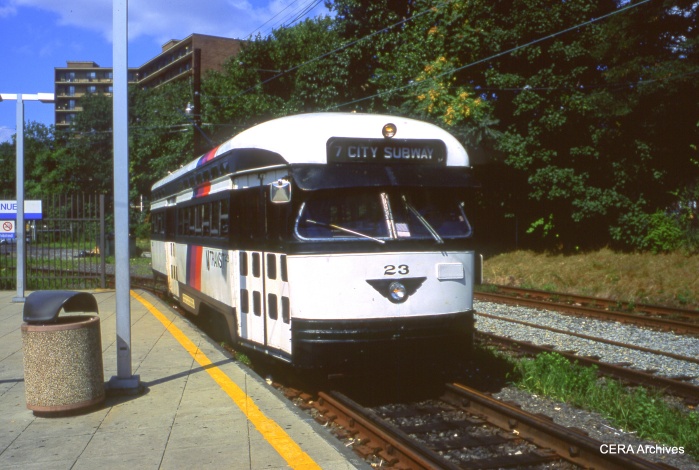 New Jersey Transit PCC 23 at Franklin Avenue in 1991. According to Don's Rail Photos, "23 was built by St Louis Car Co. in August 1947, order #1660, as Twin Cities Rapid Transit 362. It was sold to Public Service of New Jersey as 23 on March 30, 1953, and became New Jersey Transit 23 in 1971. It was sold as Municipal Railway of San Francisco 1071 in 2004." (David Sadowski Photo - CERA Archives)