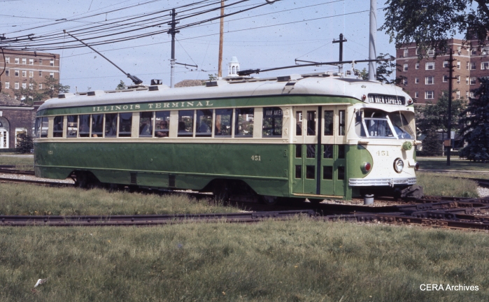 IT 451 at Shaker Square on May 30, 1976. Cars 450 and 451 were "on loan" to the Shaker Heights Rapid Transit due to a car shortage. (Photographer unknown - CERA Archives)