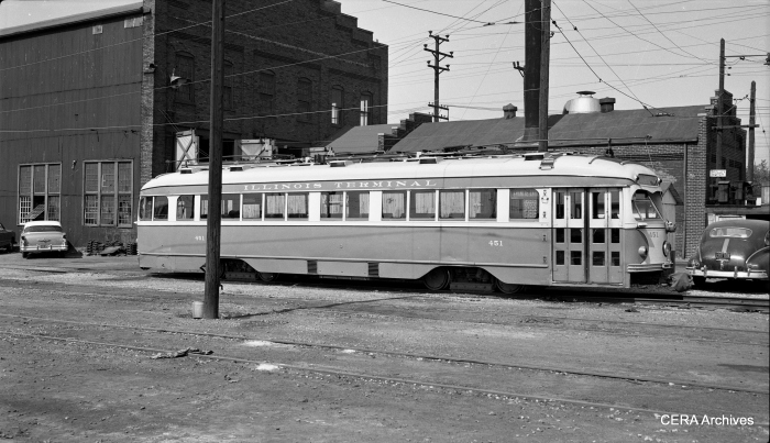 IT "muzzle-loader" double-end PCC 451, on the St. Louis-Granite City line in 1952. (Photographer unknown - CERA Archives)