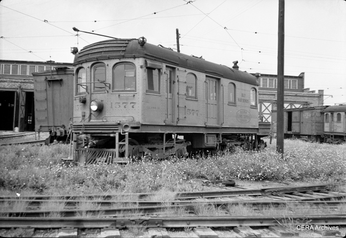 It loco 1577, used on the Bloomington line, is shown at the Decatur shops. (Photographer unknown - CERA Archives)