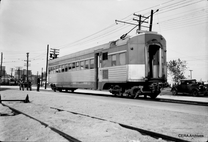 An IT streamliner parlor car at East Peoria. These often had to be uncoupled due to clearance problems. Some of these cars, generally considered to be unsuccessful, were not scrapped until the 1980s, but none survive. (Photographer unknown - CERA Archives)