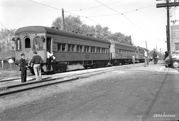 IT 517, 282 and 535 on a three-car football special at Decatur in Fall 1949. (Photographer unknown - CERA Archives)