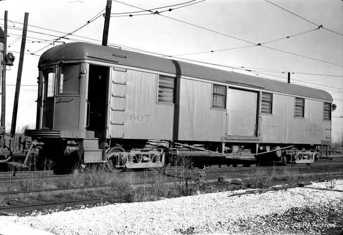 IT wooden baggage trailer 607, ex-1060 series with experimental motors, in Springfield on November 7, 1948. (Photographer unknown - CERA Archives)