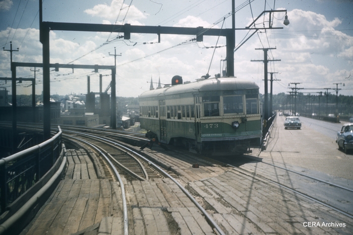 Car 473 at the west end of the McKinley Bridge in St. Louis in April 1958, two months before passenger service ended. (Photographer unknown - CERA Archives)
