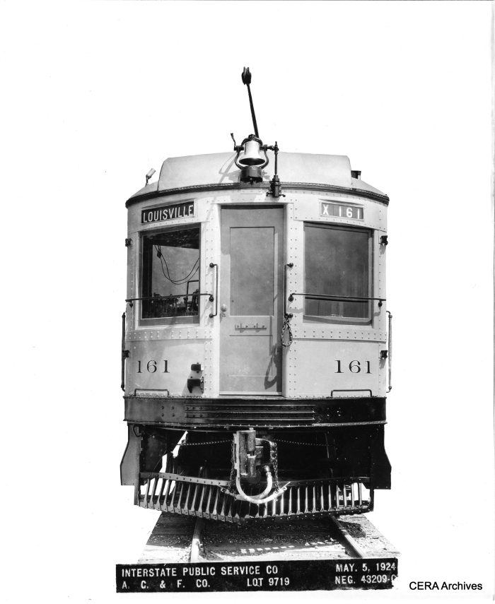 A builder's photo of Interstate Public Service Co. car 161 from 1924. According to Don's Rail Photos, "161 was built by American Car & Foundry in 1923 as a parlor-buffet. It was rebuilt as IRR 738 an express motor in 1937 and retired in 1941." (Photographer unknown - CERA Archives)