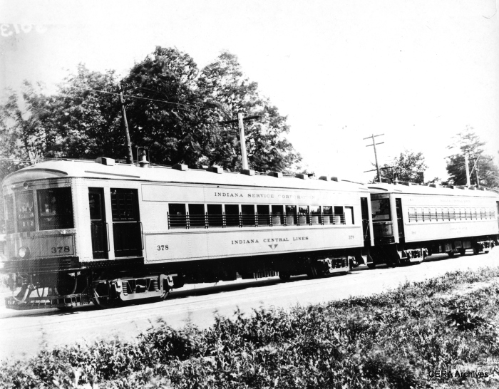 Indiana Service Corp. (one of the predecessor companies to Indiana Railroad) car 378 with parlor car 390 in Ft. Wayne on July 20, 1926. 378 was built in 1926 by St. Louis Car Co. (Photographer unknown - CERA Archives)