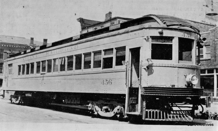 IR 456. Don's Rail Photos says, "450 thru 456 were built by Cincinnati Car in 1919 as 150 thru 152 and 154 thru 157 of the Interstate Public Service Co. In the consolidation, they were renumbered, but they carried PSC initials for the successor to IPS, Public Service Corp. of Indiana. They were converted to one man operation in 1936 and retired in 1938." (Barney Neuburger Photo - CERA Archives)