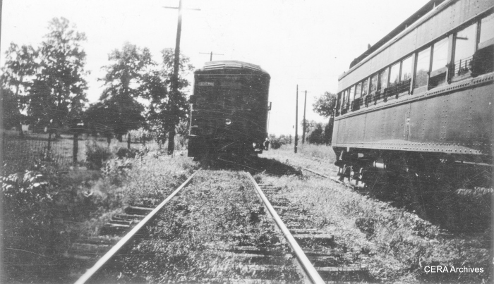 IR 432 (head on) meets 446 at Legro on August 3, 1937, on the long line from Ft. Wayne to Indianapolis via Kokomo and Peru. Service was discontinued on August 24, 1938, with the last trip on September 10th. (Photographer unknown - CERA Archives)