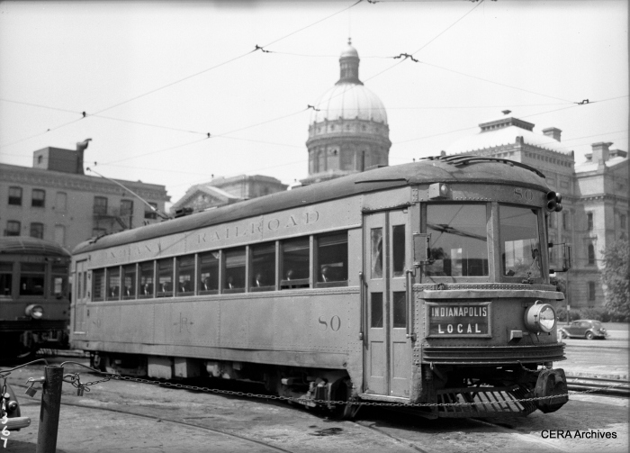 IR lightweight high-speed interurban 80, with the Indiana state capitol, which was completed in 1888, as backdrop. (Photographer unknown - CERA Archives)