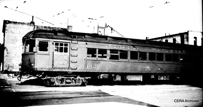 IR 446 had an interesting history, according to Don's Rail Photos: "446 thru 449 were built by Cincinnati Car in 1923 as part of an order of 10 cars for the Indianapolis & Southeastern RR. When they were replaced by lightweight cars in 1928, six cars were sold to Milwaukee and converted into three truck trains. The other four cars went to Union Traction as their 446 thru 449 in 1929. They were soon included in the IRR. In 1936, they were converted to one man operation. They were retired in 1938, and car 446 became the wreck motor for another two years. " (Photographer unknown - CERA Archives)