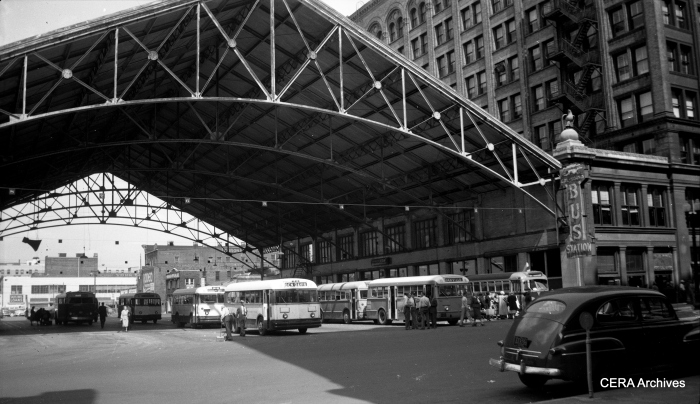 The former Indianapolis Traction Terminal during the 1950s, when it was used exclusively by buses. (Photographer unknown - CERA Archives)