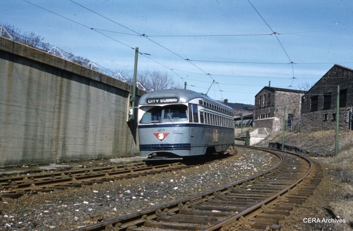PCC 23 at the subway portal near Warren Street on March 17, 1959. (Joseph P. Saitta Photo Unknown - CERA Archives)
