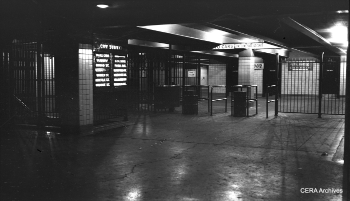 View showing the mezzanine at the Newark City Subway's Pennsylvania Station Terminal on July 2, 1955. (Photographer Unknown - CERA Archives)