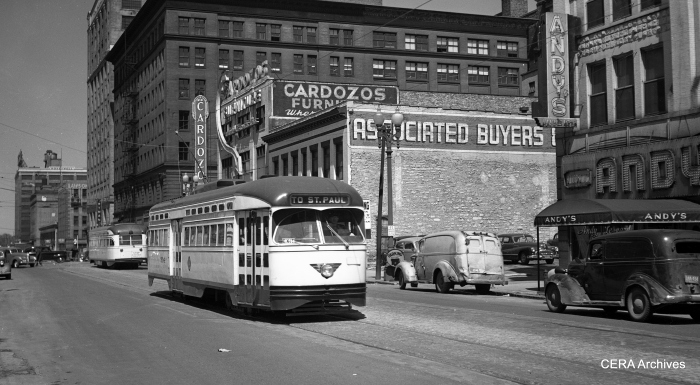 Twin City Rapid Transit PCC 304 on 5th near Hennepin on May 2, 1947. Newark purchased 30 PCCs from TCRT in 1953 for use on the City Subway. In the Twin Cities, these were 2-man, center entrance cars, while Newark operated them as 1-man. St. Louis Car Co. built these in 1946. (Richard H. Young Photo - CERA Archives)
