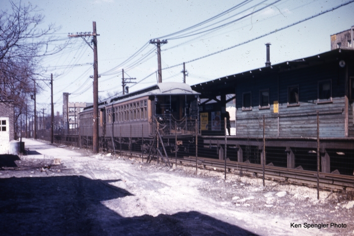A two-car train of wooden "L" cars at Francisco on the Ravenswood (today's Brown Line) in the 1950s. The historic 1907 clapboard station house was preserved in the 2006-2007 station renovation. (Ken Spengler Photo)