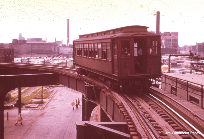 A single wooden "L" car on the Stock Yards branch was typical in the 1950s, when this picture was taken by Jim Windmeier.