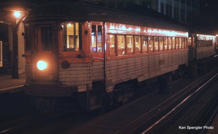 A rare night shot of a North Shore "Silverliner" in Chicago's Loop. (Ken Spengler Photo)