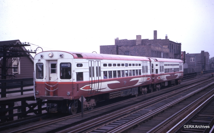 CTA experimental high-speed car 2 heads up a Ravenswood (today's Brown Line) train in December 1962. Less than two years later, the four high-speed cars would start service on the Skokie Swift. (CERA Archives)
