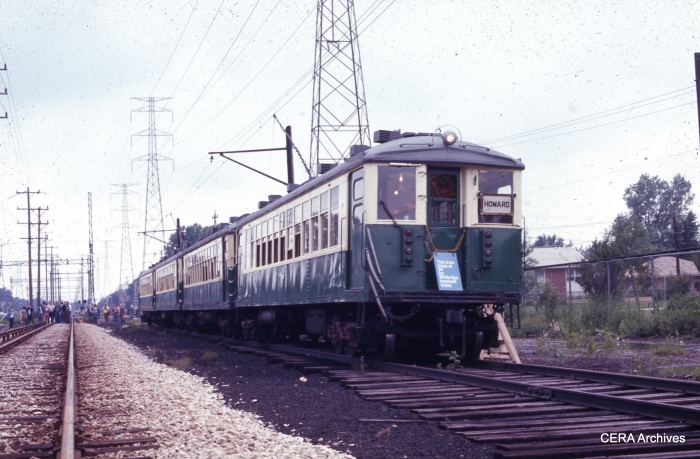 A fantrip train of 4000s, near Skokie Shops in August 1972. The sign hanging on front says, "This train stops at 35 for White Sox baseball today." (Rex K. Nelson photo - CERA Archives)