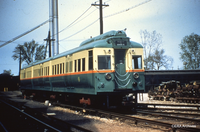 One of the four articulated 1947-48 "L" cars, signed for Evanston service, as it looked prior to being fitted with pantographs for Skokie Swift service. (CERA Archives)