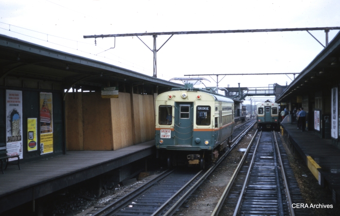 Skokie Swift trains at Howard in May 1964. (CERA Archives)