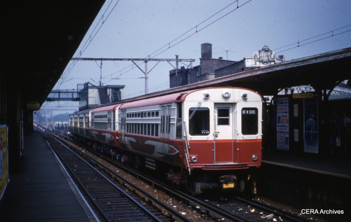 A pair of CTA high-speed cars, making up part of a train in this August 1960 view at Howard. Cars 1-4 would be the first used in Swift service in 1964. (CERA Archives)