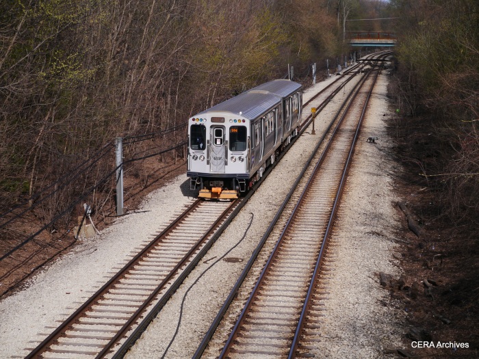 A regular service train westbound at Ridge in Evanston. By this time, the historical cars were back at Skokie Shops.