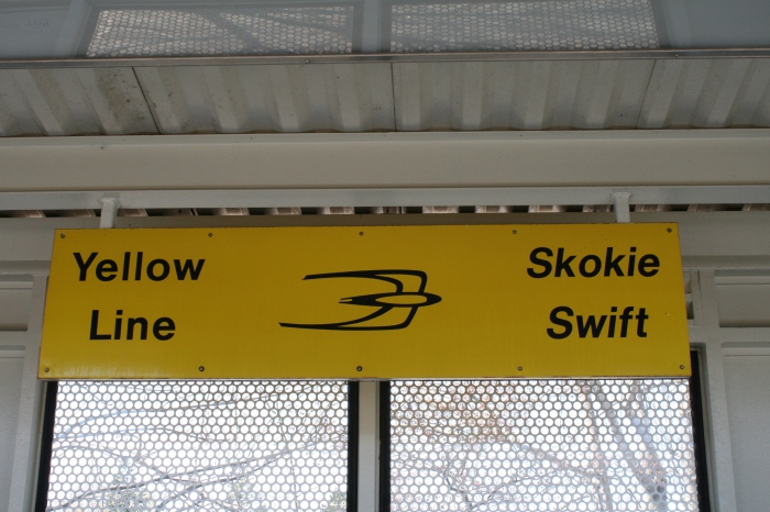 Modern Swift sign at the newer Dempster/Skokie station, which replaced the crummy Swift fiberglass lean-to that had served for decades. Pretty nice, actually, though the Ventra card machines were typically balky. (Bill Becwar Photo)