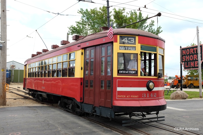 Perhaps CSL streetcar 3142, also out on the trolley loop, used to meet up with C&WT 141 at Cermak and Kenton.