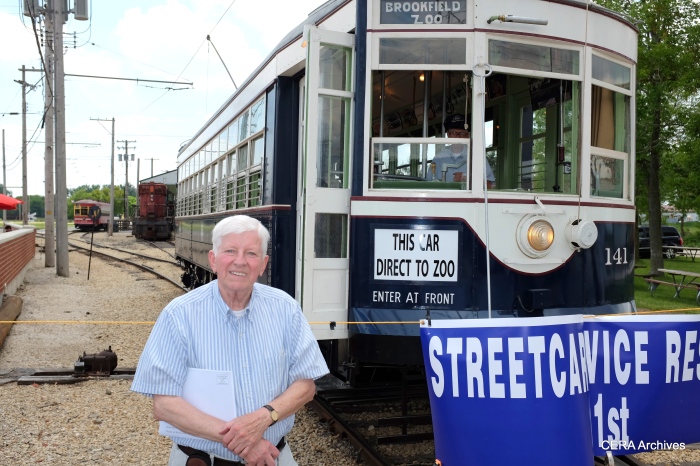 George Kanary with car 141, representing the Electric Railway Historical Society.