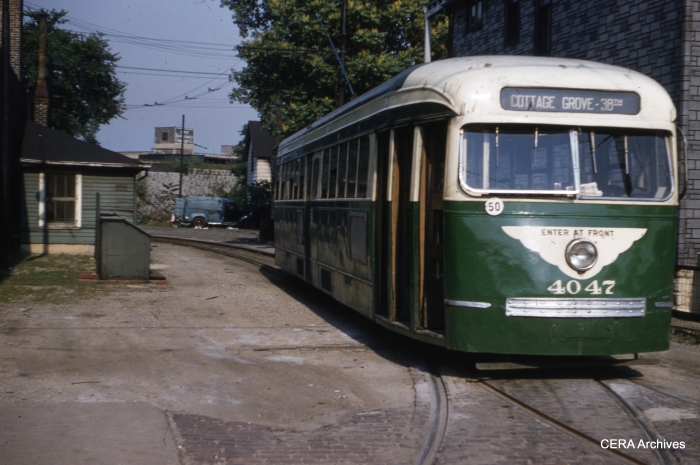 In CTA colors, pre-war PCC 4047 prepares to leave the turnback loop at Cottage Grove and 72nd in this June 1955 photo, just before the end of streetcar service on route 4. (Richard C. Cerne Photo - CERA Archives)