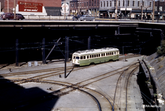 Illinois Terminal double-end PCC 452 at 12th and Washington in St. Louis, leaving the short subway on its way to Granite City on October 12, 1952.